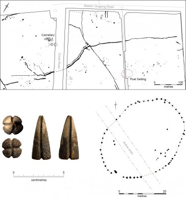 Figure 7. Langtoft, south Lincolnshire investigations showing post-setting (above and bottom right); lower left, the modified fossil belemnite.